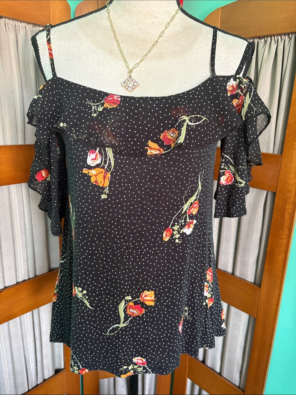 Maurices Black Cold-Shoulder Floral Ruffle Top